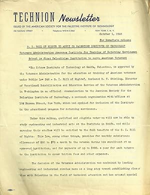 Imagen del vendedor de TECHNION NEWSLETTER OCTOBER 1, 1945 AND UNKNOWN DATE (1945-46? ) (2 ISSUES) [GI BILL TO STUDY IN PALESTINE! ] a la venta por Dan Wyman Books, LLC