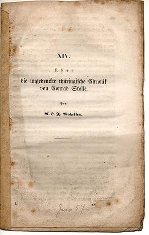 Bild des Verkufers fr ber die ungedruckte thringische Chronik von Conrad Stolle. Sonderdruck aus: Zeitschrift des Vereins fr Thringische Geschichte und Altertumskunde 1, 217-236. zum Verkauf von Wissenschaftliches Antiquariat Kln Dr. Sebastian Peters UG