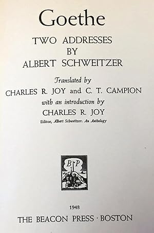 Immagine del venditore per Goethe, Two Addresses By Albert Schweitzer venduto da My Book Heaven