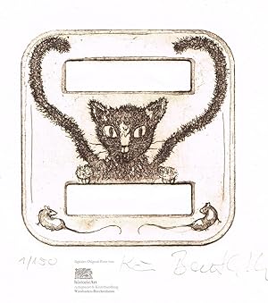 Bild des Verkufers fr Katze mit zwei Schwnzen und zwei Musen. Original-Radierung, von der Knstlerin eigenhndig signiert zum Verkauf von historicArt Antiquariat & Kunsthandlung