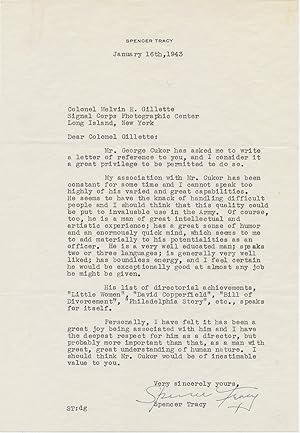 Typed Letter SIGNED on behalf of George Cukor, 4to on personal printed stationery, n.p., January ...