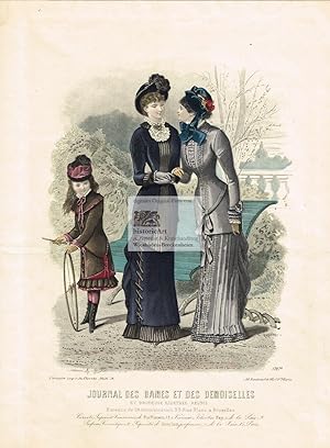 Journal des Dames et Demoiselles e Brodeuse Illustreé Réunis. Zwei Damen mit Hut und eleganten Au...