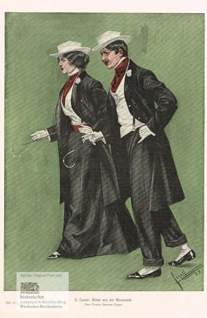 Bilder aus der Grossstadt. New-Yorker Strassen-Typen. Elegantes Paar mit schwarzem Frack und Klei...
