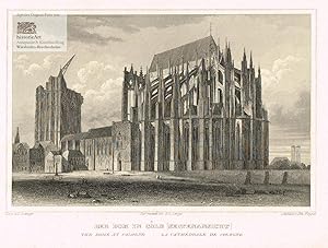 Imagen del vendedor de Der Dom in Coeln (Seitenansicht). The Dome at Cologne. La Cathdrale de Cologne. Seitenansicht des im Bau befindlichen Klner Doms mit offenem Dach. Stahlstich von Poppel nach Lange um 1850 a la venta por historicArt Antiquariat & Kunsthandlung