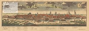 Imagen del vendedor de Braunschweig. Panoramaansicht mit Festungsbollwerken und Deichen entlang der Oker, im Himmel mittig flatterndes Band mit der Bezeichnung "Braunschweig" und Stadtwappen recht, unterhalb der Darstellung Legende von 1 bis 28 mit den Namen der wichtigsten Gebude, Kirchen, Tore und Pltze. Seltener altkolorierter Faksimile-Reprint eines Kupferstichs von Probst nach Werner um 1730 a la venta por historicArt Antiquariat & Kunsthandlung