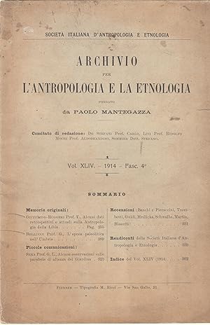 Immagine del venditore per Archivio per l'antropologia e la etnologia: Alcuni dati retrospettivi e attuali sulla antropologia della Libia. Puis, L'epopopa paleolitica ne'll Ombria. venduto da PRISCA