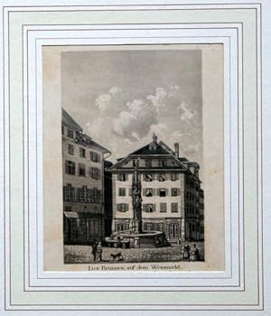 Luzern: Der Brunnen auf dem Weinmarkt. La Fontaine sur la place du marchè au vin. Lithographie.