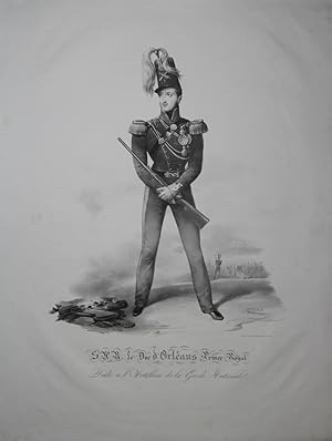 Bild des Verkufers fr Portrait. Ganzfigur stehend in Uniform mit einem Gewehr. Lithographie von Fauconnier. Unten mit Druckbezeichnung "Le Duc d'Orleans Prince Royale. Dedie a l'Artillerie de la Garde Nationale". zum Verkauf von Antiquariat  Braun