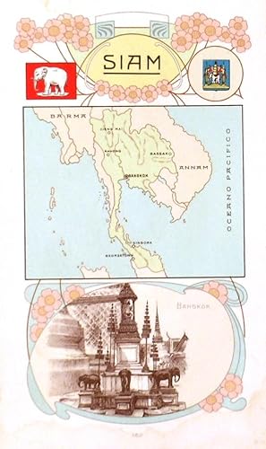 SIAM. A beautiful miniature map of Thailand with top and bottom border decoration and a depicti...