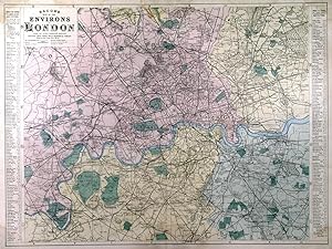BACONS MAP OF THE ENVIRONS OF LONDON.. Large double page map of the area 9 miles round London,...