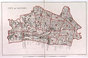 CITY OF LONDON. Small folding map of the City of London, 2 segments laid down on linen.