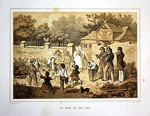 Bild des Verkufers fr Ein Abend auf dem Lande" - Feier Abend Tracht Musik Kinder children music village Lithographie Litho zum Verkauf von Antiquariat Steffen Vlkel GmbH