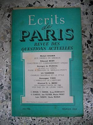 Immagine del venditore per Ecrits de Paris - Revue des questions actuelles - N. 100 - Fevrier 1953 venduto da Frederic Delbos