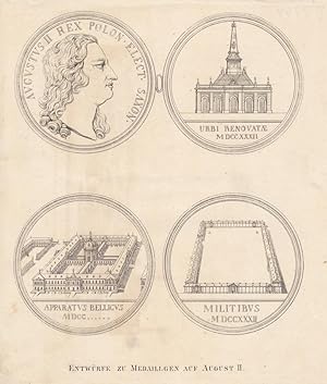 Entwürfe zu Medaillen auf August II., Numismatik, Stahlstich um 1830 mit vier Einzelabbildungen, ...
