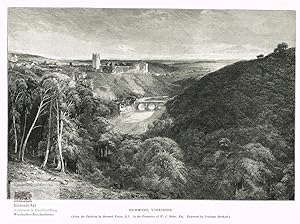 Richmond, Yorkshire. Ansicht aus der Ferne mit Richmond Castle und Brücke über die Swale. Xylogra...