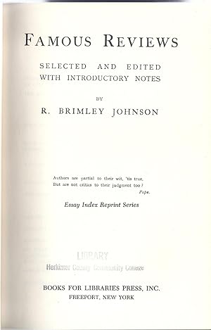 Seller image for Famous Reviews, selected and edited with introductory notes by R. B. Johnson (1967 reprint) for sale by Alplaus Books