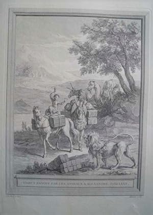 Tribut Envoyè par les Animauxa Alexandre. Fable LXII. Original Radierung / Kupferstich von Aliam...