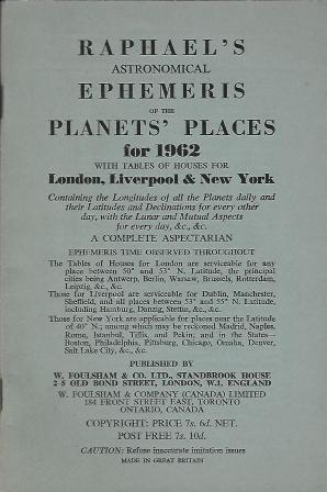 Bild des Verkufers fr Raphael's astronomical ephemeris of the Planet's places for 1962 with tables of houses for London, Liverpool & New York zum Verkauf von LES TEMPS MODERNES