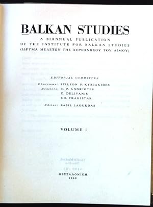 Bild des Verkufers fr Balkan Studies, Volume 1 zum Verkauf von books4less (Versandantiquariat Petra Gros GmbH & Co. KG)