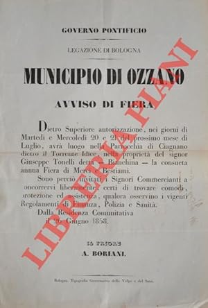 Avviso di Fiera. La consueta annua Fiera di Merci e Bestiami, avrà luogo il 20 e 21 luglio nella ...