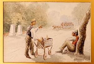 Negro Ice Cream Vendor in a Park in Washington, D.C. with Horse drawn street car in the background.