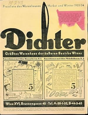 Preisliste des Warenhaus Dichter. Herbst und Winter 1933/34. Größtes Warenhaus der äußeren Bezirk...