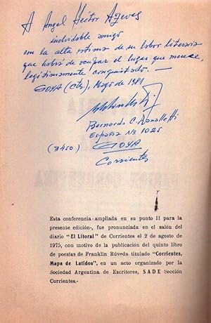 Imagen del vendedor de HISTORIA DE UNA PASION CORRENTINA. Reflexiones sobre la obra potica de Franklin Ruveda [Firmado / Signed] a la venta por Buenos Aires Libros