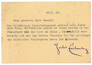 Bild des Verkufers fr Ms. Postkarte mit eigenh. U. zum Verkauf von Antiquariat INLIBRIS Gilhofer Nfg. GmbH