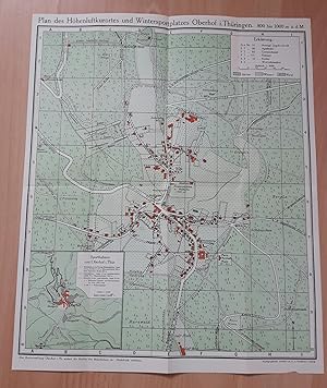 Bild des Verkufers fr Karte / Plan des Hhenluftkurortes und Wintersportplatzes Oberhof in Thringen. 800 bis 1000 m .d.M. Mit Markierungen: Herzogl. Jagdschlo, Apotheke, Gemeindeamt, Postamt, Kirche, Wetterhuschen. Markierte Sportbahnen von Oberhof in Thringen: 1. Bobsleighbahn des Herzogl. Bobsleighklubs, 2. Bobsleighbahn, 3. Ohrdrufer Strae. Lenkrodelbahn, 4. Elektrischer Schlitten- und Personenaufzug, 5. und 6. Ski-Sprunghgel. zum Verkauf von GAENSAN Versandantiquariat