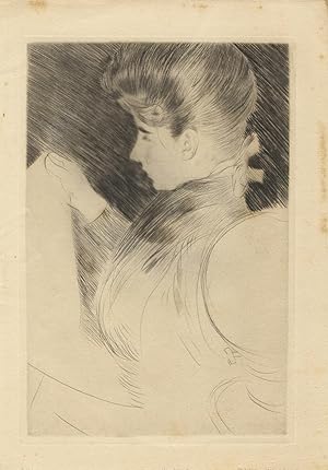 Original drypoint etching of Alice Helleu reading