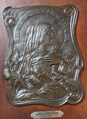 Plaque cuivre patiné Art nouveau "La vierge aux chrysanthèmes"