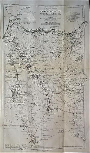 Imagen del vendedor de 1865 Original Map of Gerhard Rohlfs' Travels in Central and South Morocco (Atlas, Talfilet, Draa, etc.) in 1862 and 1864. After Rohlfs' Journal and Personal Data and Other Sources. Drawn by B. Hassenstein. With an inset of the Tafilet Oasis. a la venta por Independent Books