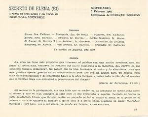 Immagine del venditore per LAMINA 3008: Reparto y critica de El Secreto de Elena. Novedades 7 febrero 1901 venduto da EL BOLETIN