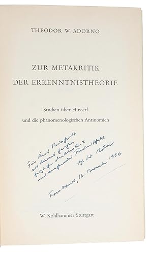 Image du vendeur pour Zur Metakritik der Erkenntnistheorie. Studien ber Husserl und die Phnomenologischen Antinomien. - [FIGHTING EPISTEMOLOGY - PRESENTATION-COPY] mis en vente par Lynge & Sn ILAB-ABF