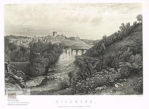 Richmond. Ansicht aus der Ferne mit Richmond Castle und Brücke über die Swale. Stahlstich von For...