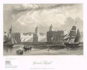 Greenwich-Hospital. Ansicht des Hospitals der Royal Navy in Greenwich vom Wasser aus, im Vordergr...
