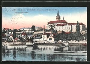 Ansichtskarte Leitmeritz / Litomerice, Bischöfliche Residenz und Domkirche, Dampferlandeplatz