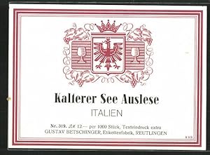 Getränkeetikett Italien, Wein Kalterer See Auslese, Wappen