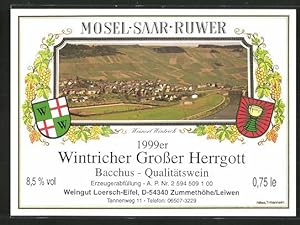 Getränkeetikett Leiwen, Weingut Loersch, Wein 1999er Wintricher Grosser Herrgott, Ortsansicht von...