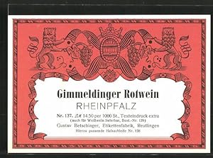 Getränkeetikett Gimmeldinger Rotwein, Rheinpfalz
