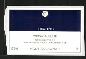 Getränkeetikett 2003er Auslese-Riesling, Weinhaus Loersch-Eifel