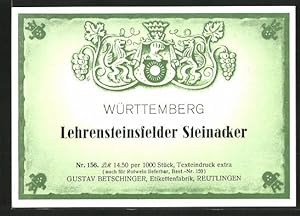 Getränkeetikett Württemberg, Wein Lehrensteinsfelder Steinacker, Wappen