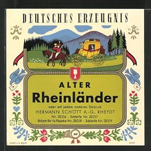 Getränkeetikett Rheydt, Hermann Schött AG, Wein Alter Rheinländer, Postkutsche