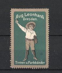 Image du vendeur pour Reklamemarke Dresden, Tinten, Farbbnder Aug. Leonhardi, Schulknabe hlt Tinte empor, grn mis en vente par Bartko-Reher