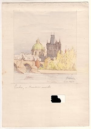 Wohl ein Aquarell mit dem Titel: Praha, u Karlova mostu. Rechts unten im Bild ein Datum und eine ...