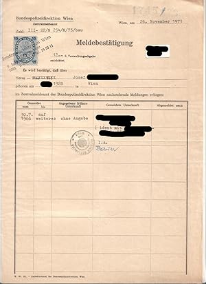 Imagen del vendedor de Bundespolizeidirektion Wien - Meldebesttigung (ausgefllt) inklusive 15 Schilling Stempelmarke Republik sterreich. Wien, am 26. November 1973. Rckseite mit unausgefllten Spalten. a la venta por GAENSAN Versandantiquariat