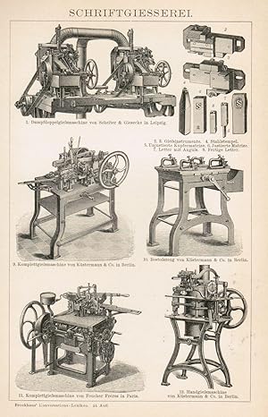 Bild des Verkufers fr Schriftgiesserei. 12 Abbildungen auf einem Blatt: Dampfdoppelgiessmaschine, Komplettgiessmaschine versch. Hersteller, Bestozeug, Handgiessmaschine sowie versch. Instrumente. zum Verkauf von Antiquariat Martin Barbian & Grund GbR