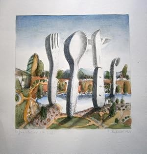 zu Georg Maurer "Bei Tisch". Aquarellierte Lithographie 1986. 29,5 x 29,5 cm (Darstellung / Platt...