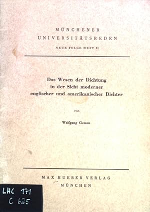 Bild des Verkufers fr Das Wesen der Dichtung in der Sicht moderner englischer und amerikanischer Dichter; Mnchener Universittsreden, Neue Folge, Heft 31; zum Verkauf von books4less (Versandantiquariat Petra Gros GmbH & Co. KG)