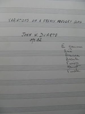 DUARTE John Variations on a French Nursery Song Manuscrit 2 Guitares